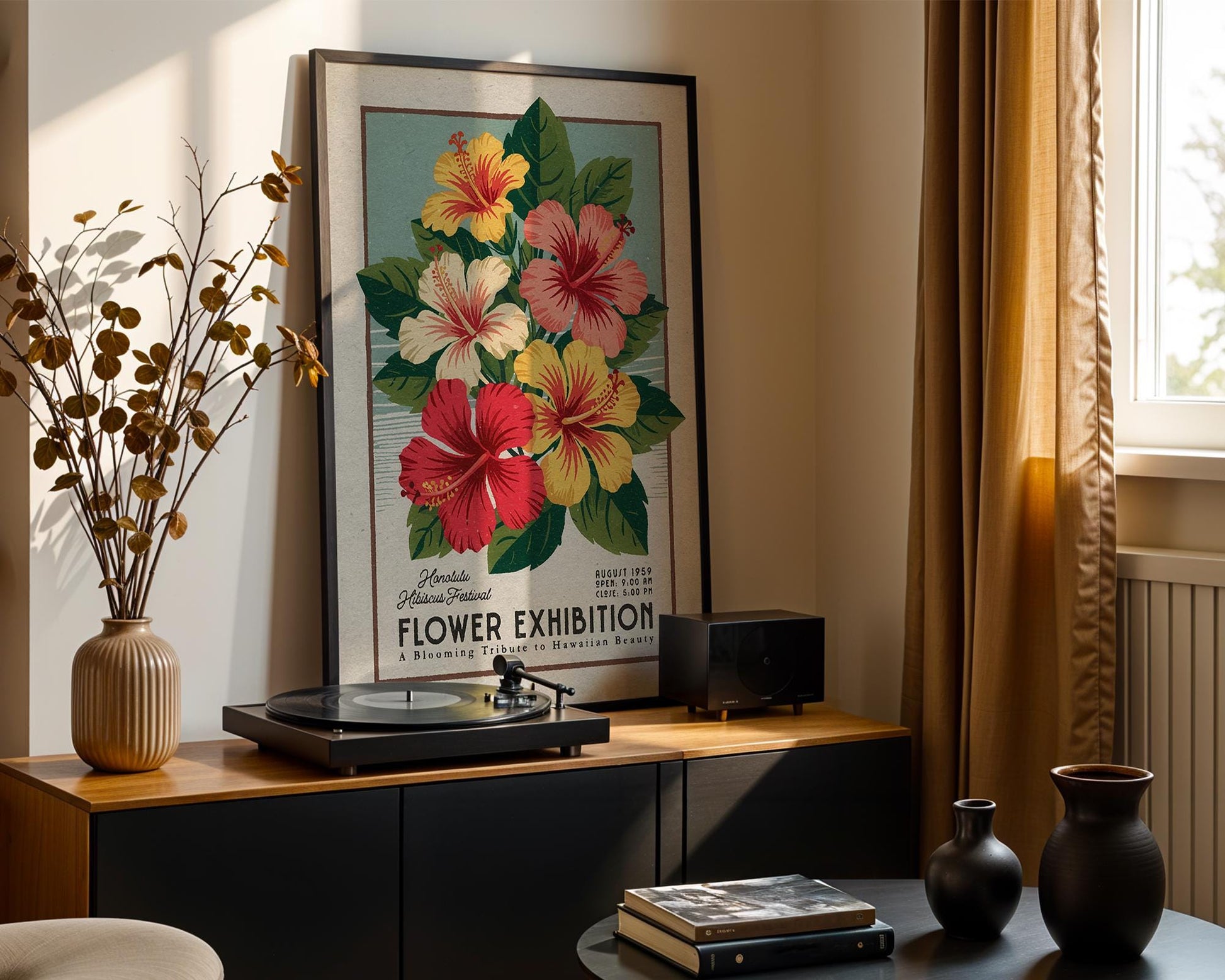 a picture of a flower exhibition in a living room