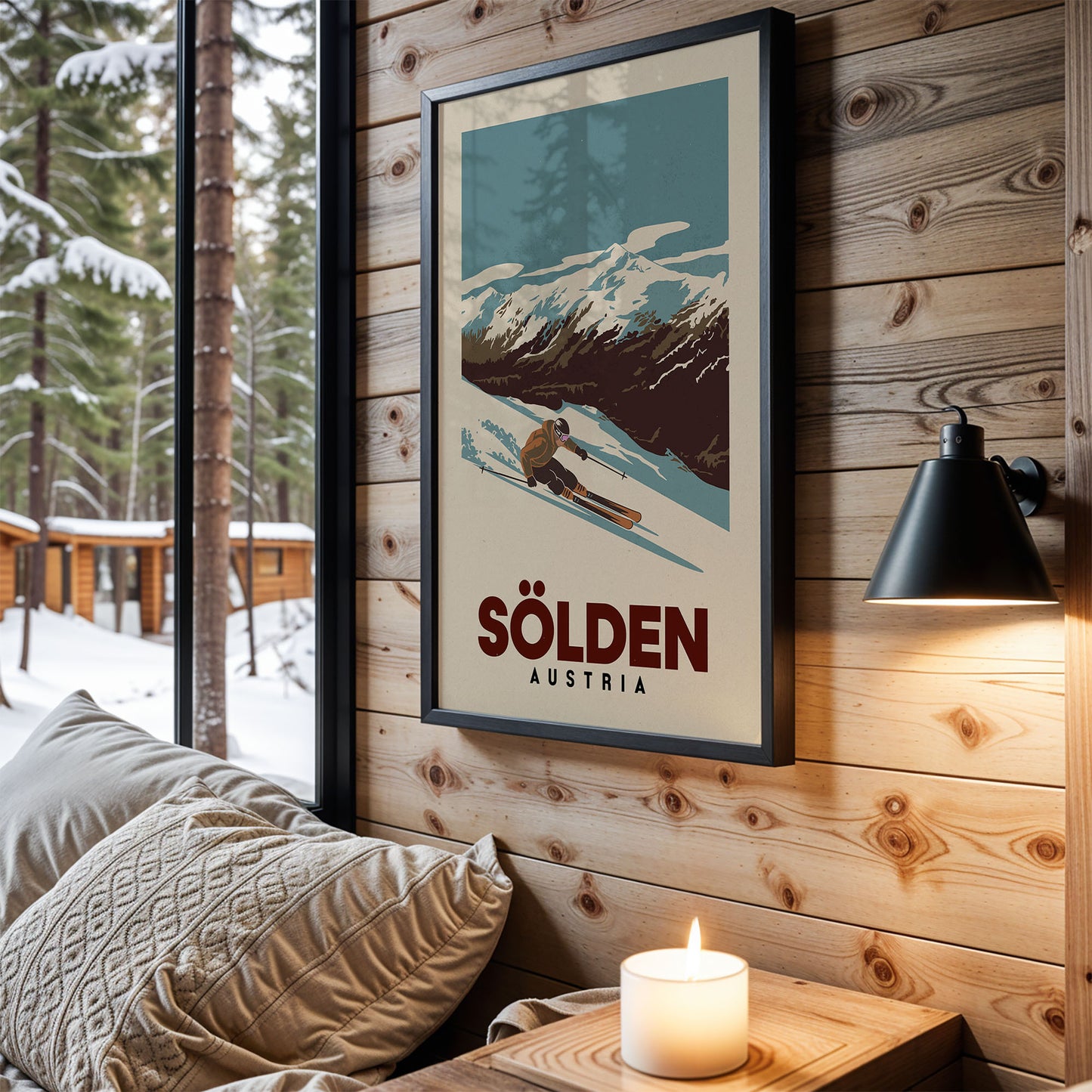 a cozy cabin interior with a framed poster of a skier on the wall, a lit candle on a wooden nightstand, and a view of a snowy forest through a window.
