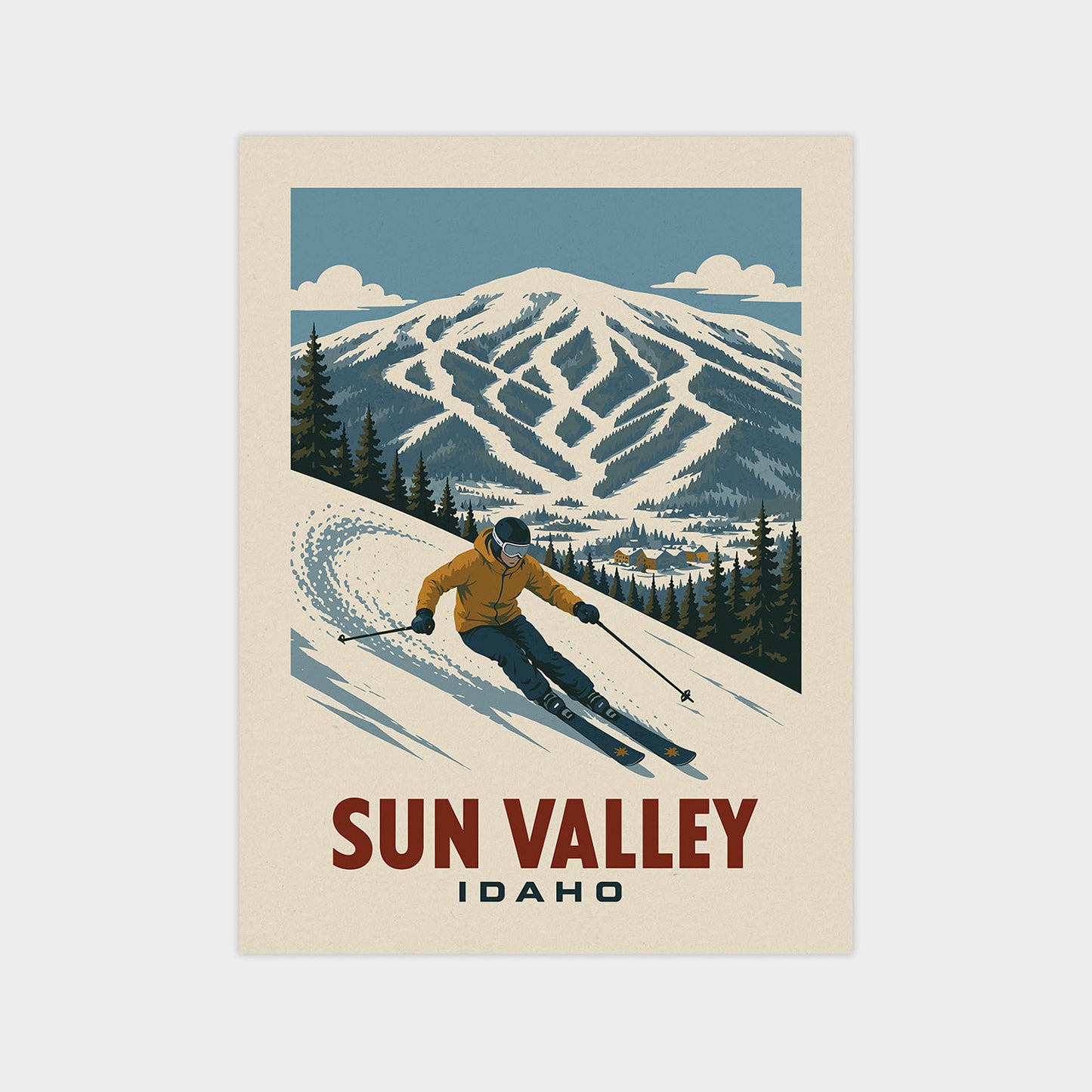 A vintage-style illustration of a skier descending a snowy slope with a mountain range in the background.