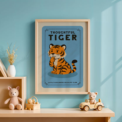 a framed poster of a cartoon tiger with the text "THOUGHTFUL TIGER" on it, hanging on a blue wall above a wooden shelf with various toys and decorations.