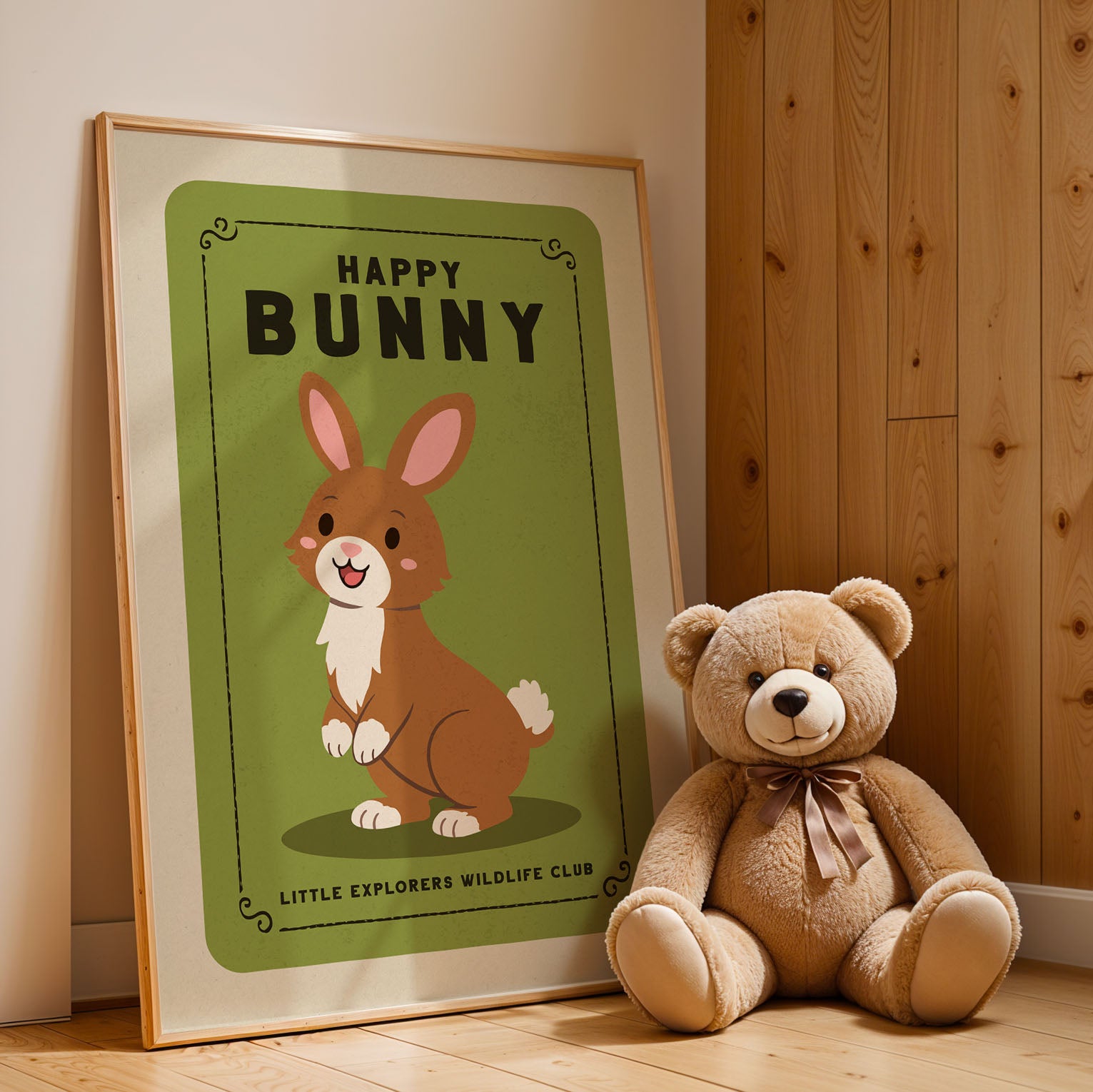 A framed poster of a cartoon rabbit next to a teddy bear on a wooden floor.
