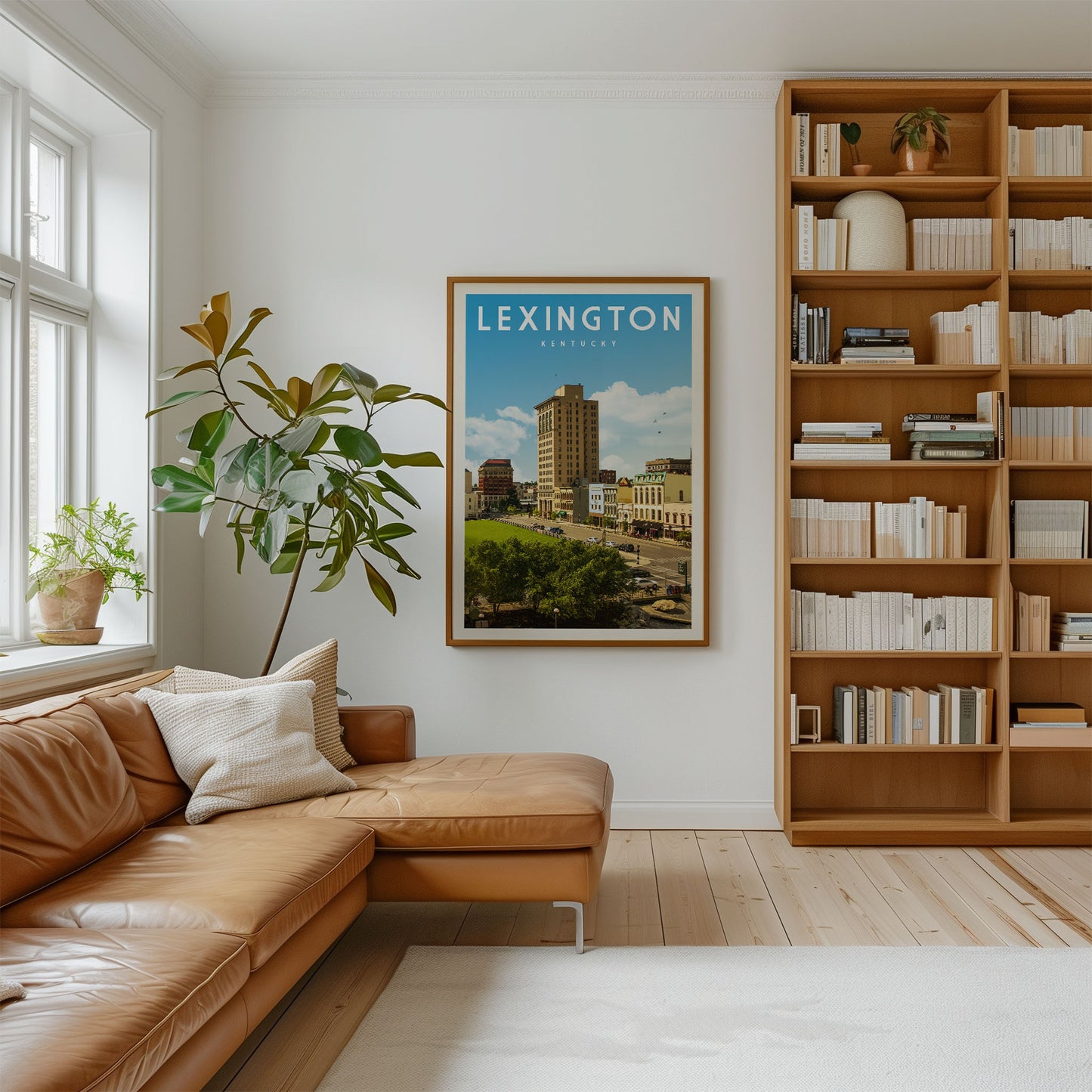 a cozy living room with a large window, a comfortable leather couch, a bookshelf filled with books, and a framed poster of a cityscape hanging on the wall.