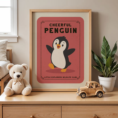 A framed poster of a cheerful penguin is displayed on a wooden dresser, accompanied by a teddy bear and a toy truck.
