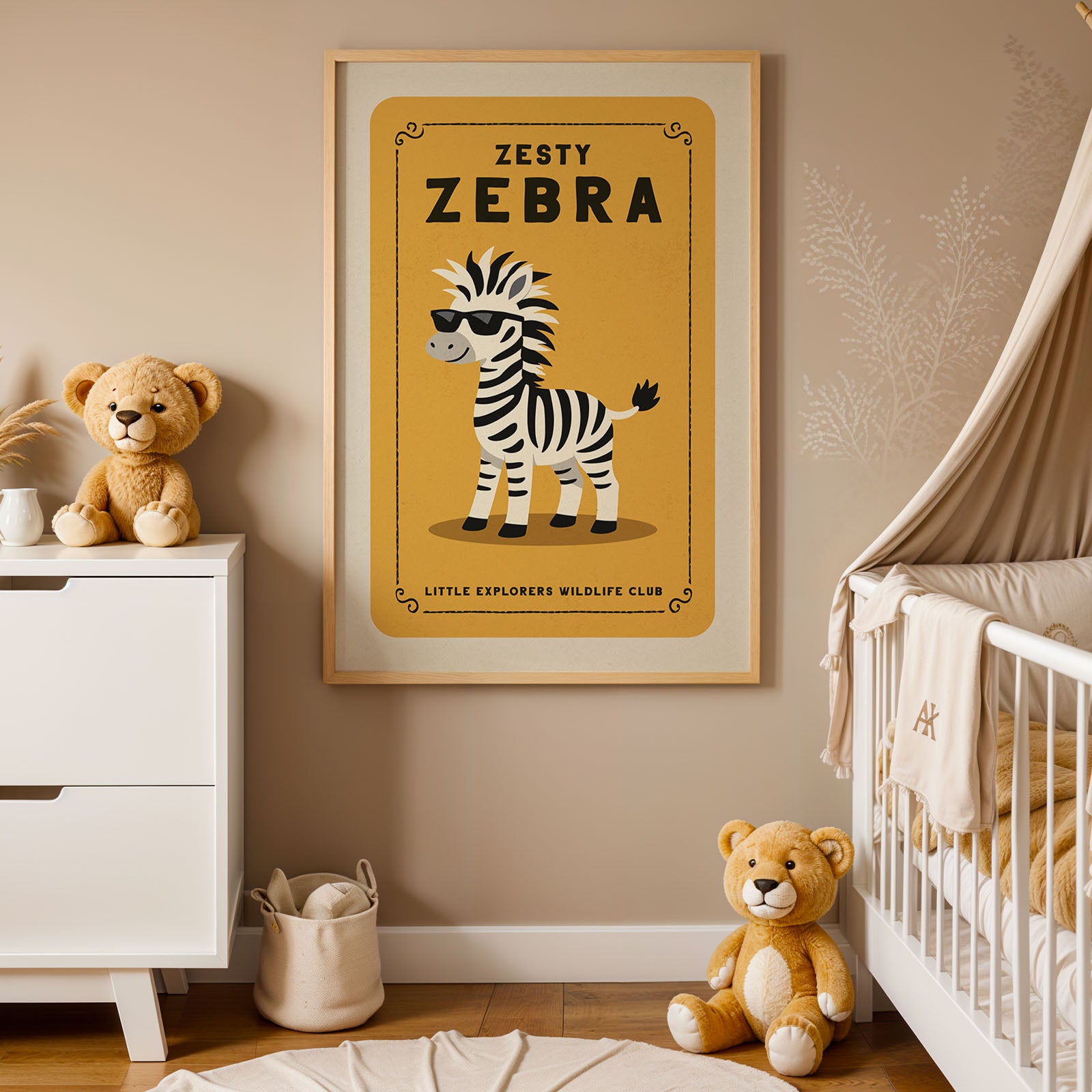 a nursery decorated with a framed poster of a zebra, a teddy bear, and a baby crib.
