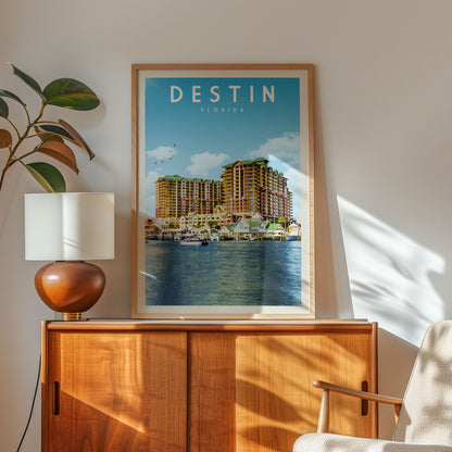 a framed poster of a hotel in Destin, Florida, with a view of the ocean in the background.