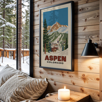 a framed poster of a mountain landscape with the text "Aspen, Colorado" on it, hanging on a wooden wall. The poster is framed in black and is positioned above a bed with a white pillow. A lit candle is also visible on a nightstand next to the bed.