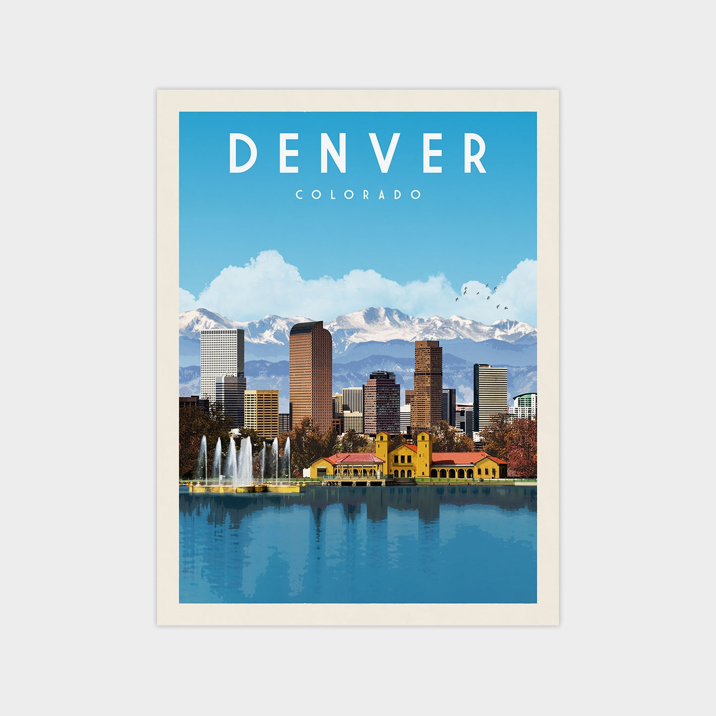 A poster depicting the Denver, Colorado skyline with a body of water in the foreground and mountains in the background.