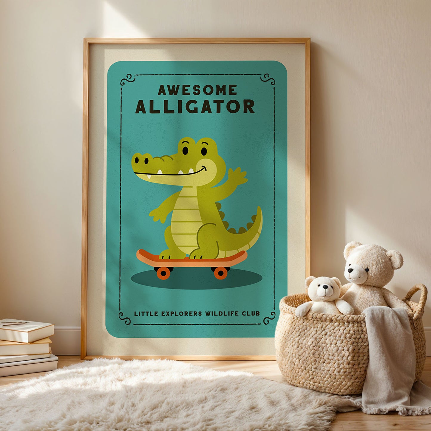 a framed poster of a cartoon alligator riding a skateboard, with a basket of stuffed animals next to it.