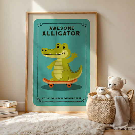 a framed poster of a cartoon alligator riding a skateboard, with a basket of stuffed animals next to it.
