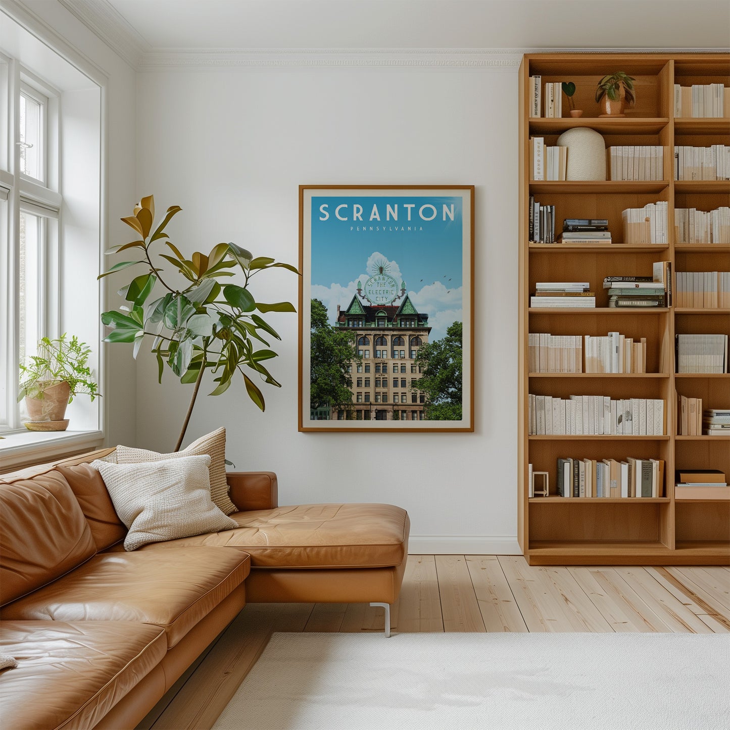 a cozy living room with a large window, a brown leather couch, a bookshelf filled with books, and a framed poster of a building on the wall.