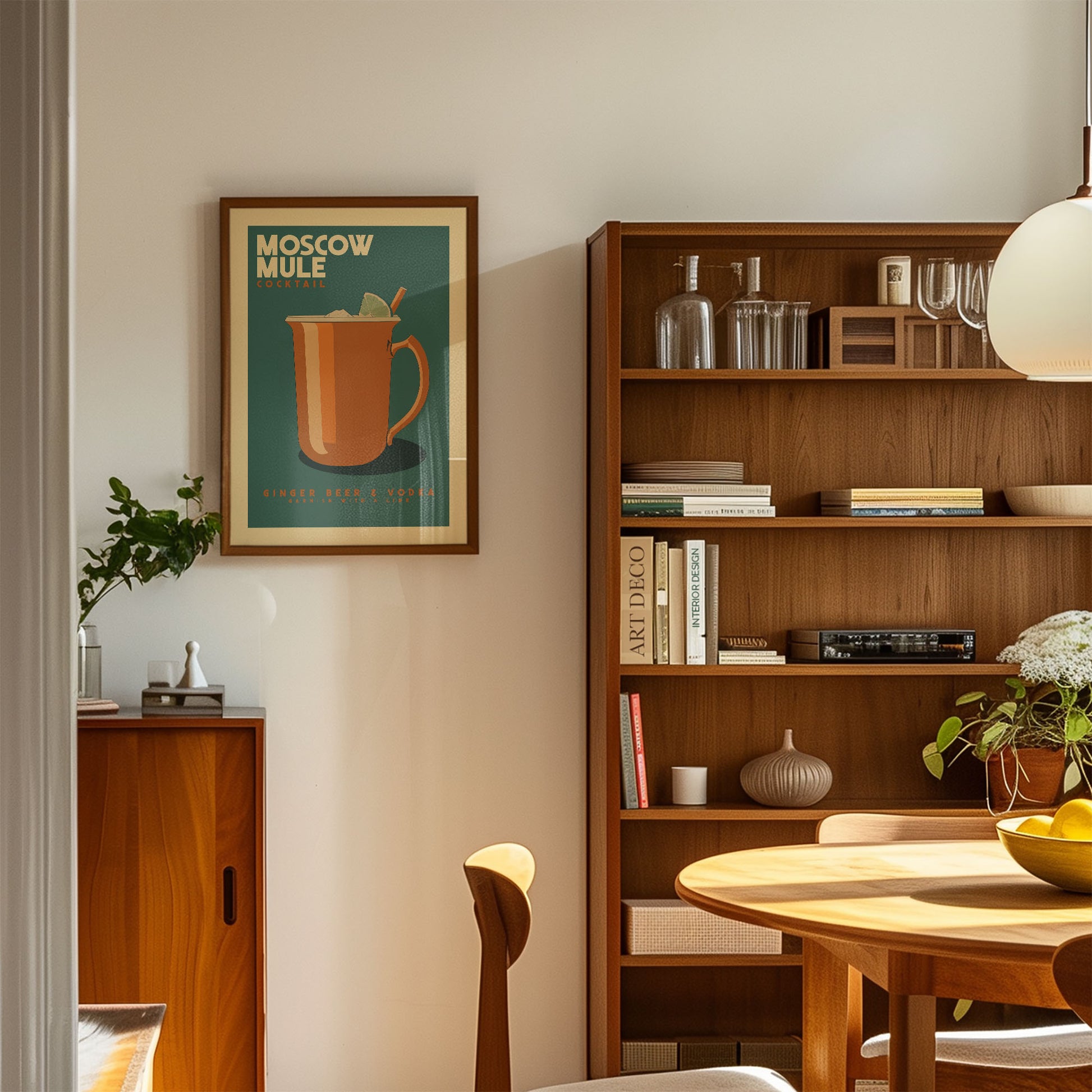 a cozy living room with a wooden bookshelf, a framed poster of a Moscow Mule, and a wooden cabinet. The room has a warm and inviting atmosphere, with a dining table and chairs in the foreground.