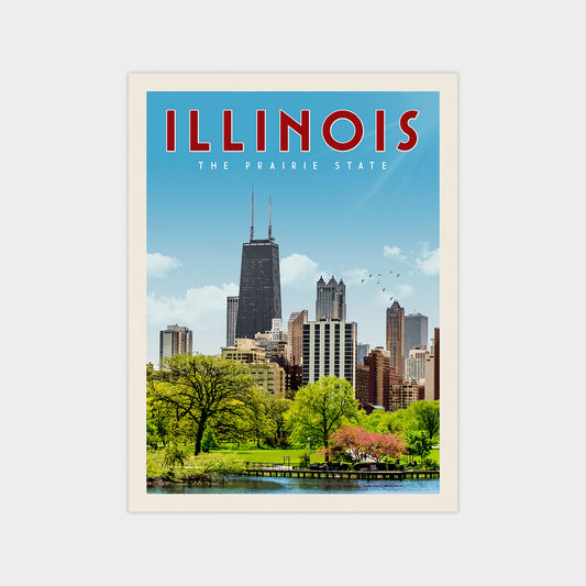 A poster of the Chicago skyline with the text "ILLINOIS THE PRAIRIE STATE" prominently displayed.