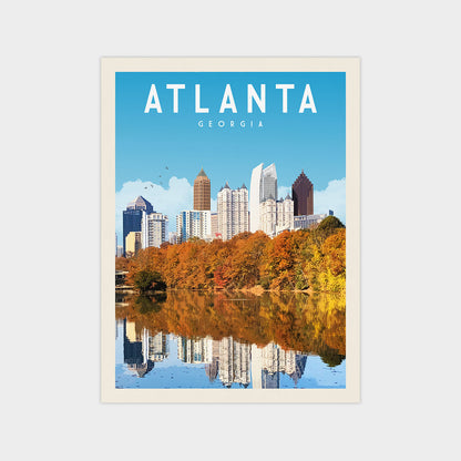 A poster of the Atlanta skyline with a lake in the foreground, featuring the city's iconic skyscrapers reflected in the water.