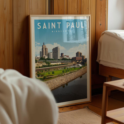 A framed poster of the Saint Paul, Minnesota skyline, featuring the city's iconic buildings and a river running through it.