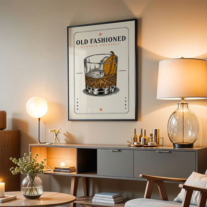 a living room with a framed poster of a cocktail glass on the wall, a wooden sideboard with various items, and a lamp on a table.
