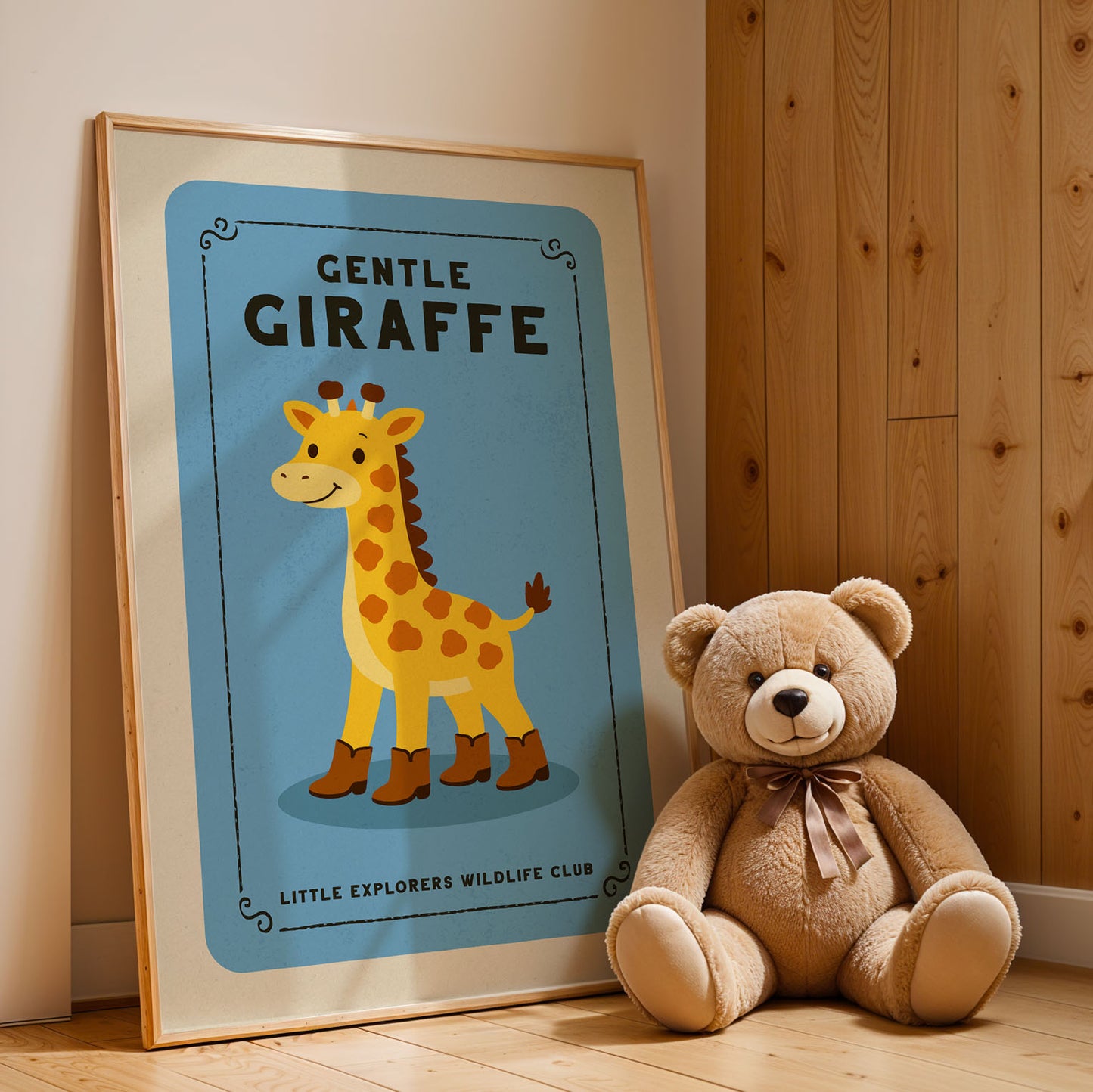 A framed poster of a giraffe is leaning against a wooden wall, with a teddy bear sitting next to it on the floor.