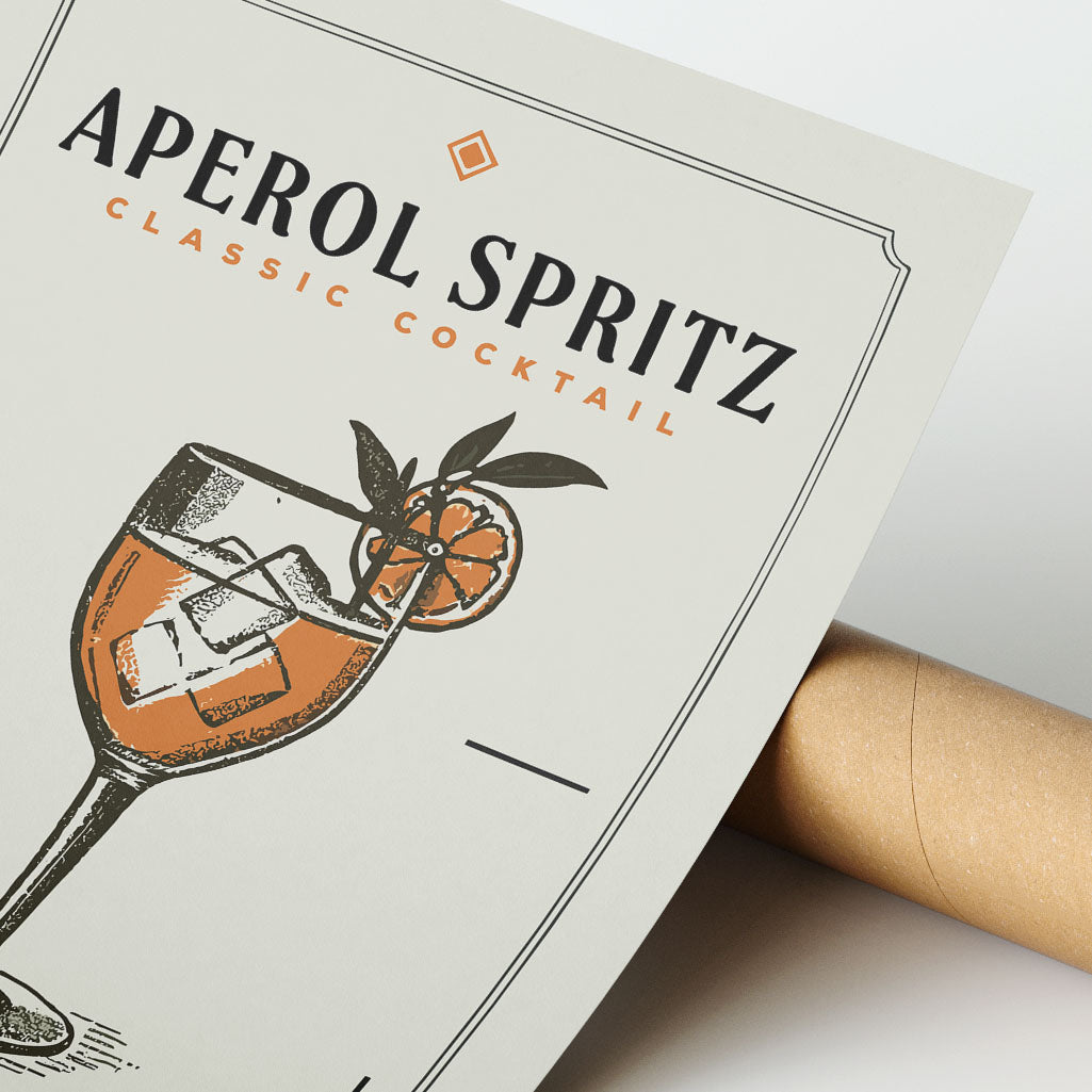 a close-up of a poster or label for Aperol Spritz cocktail, with a glass illustration and text.