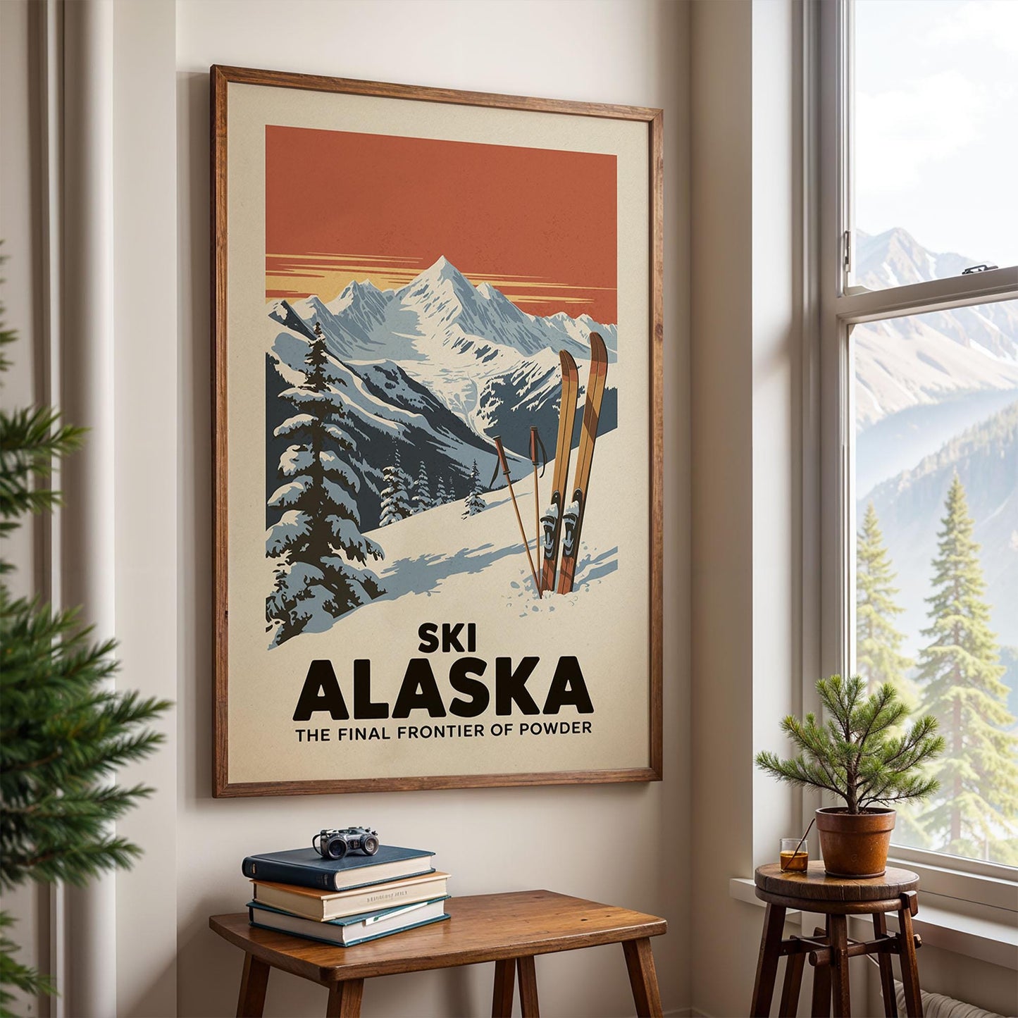 A framed poster of a snowy mountain landscape with skis, hanging on a wall in a room with a window and a small table with books and a plant.