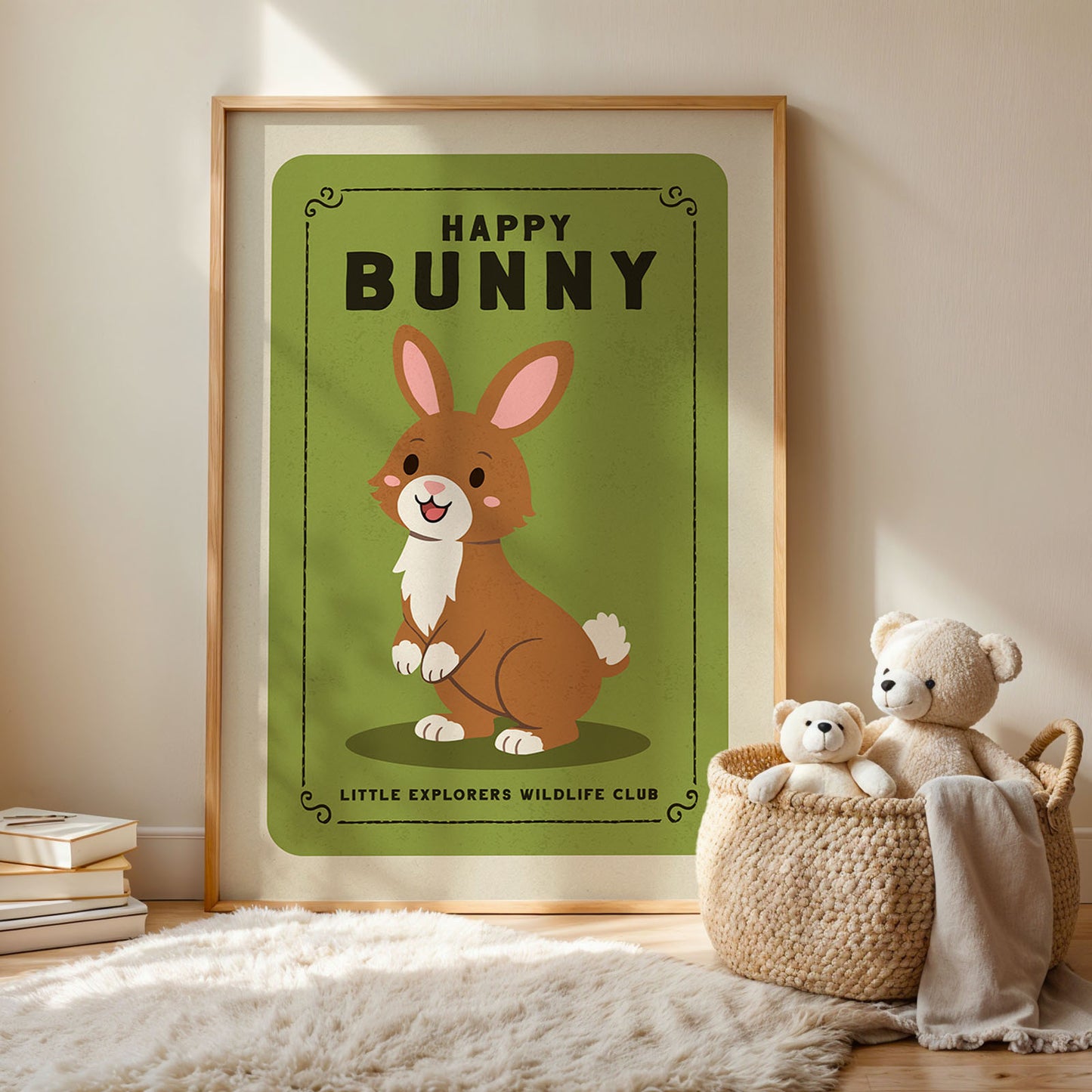 a framed poster of a cartoon rabbit with the text "Happy Bunny" on it, placed on a wall next to a basket with two stuffed animals inside.