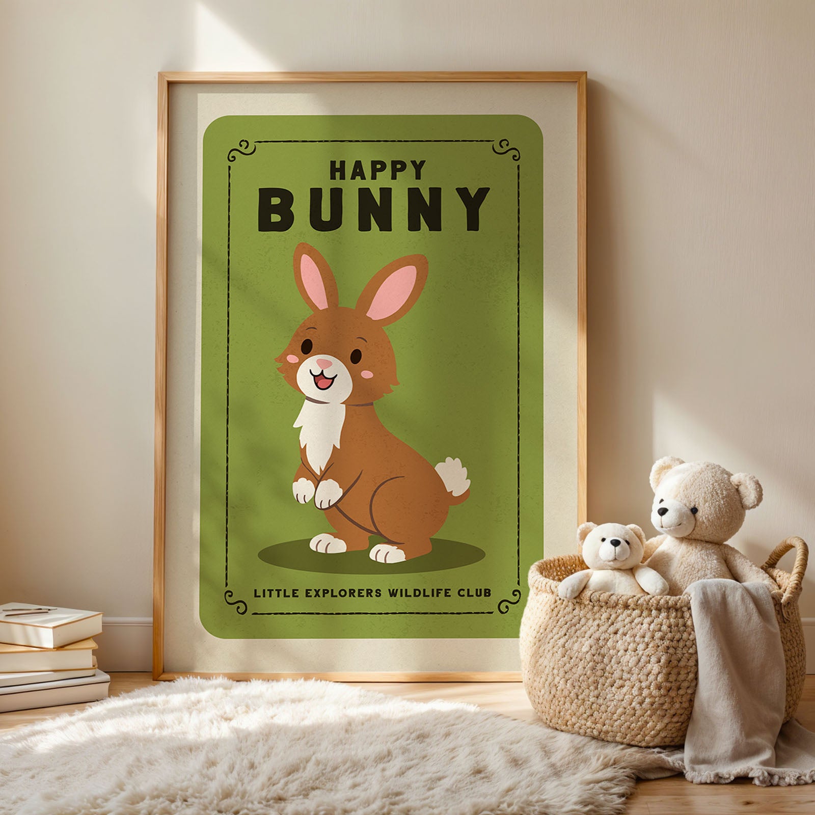 a framed poster of a cartoon rabbit with the text "Happy Bunny" on it, placed on a wall next to a basket with two stuffed animals inside.
