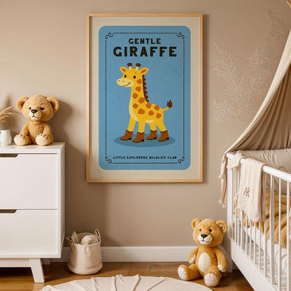 A framed poster of a giraffe in a nursery setting, with a teddy bear and a crib visible in the background.
