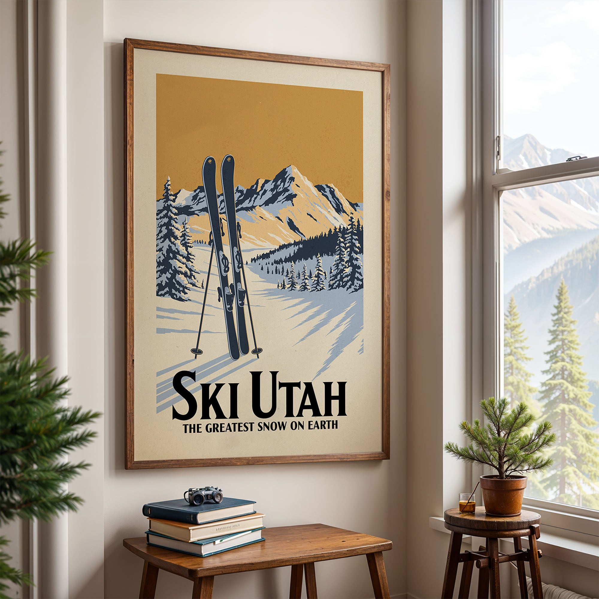 A framed poster of a snowy mountain landscape with skis and ski poles, hanging on a wall in a room with a window and a small table with books and a plant.