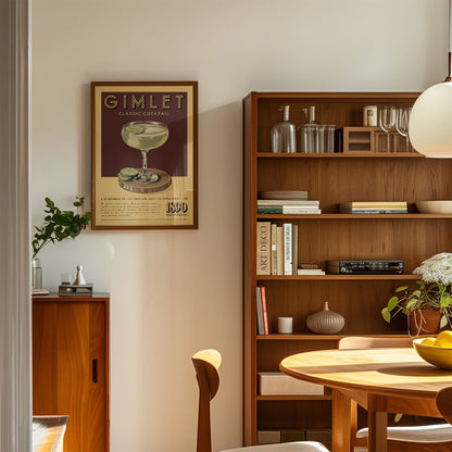 a cozy living room with a wooden bookshelf, a framed vintage advertisement for Gimlet Cocktails, and a wooden cabinet. The room has a warm and inviting atmosphere, with a dining table and chairs in the foreground.