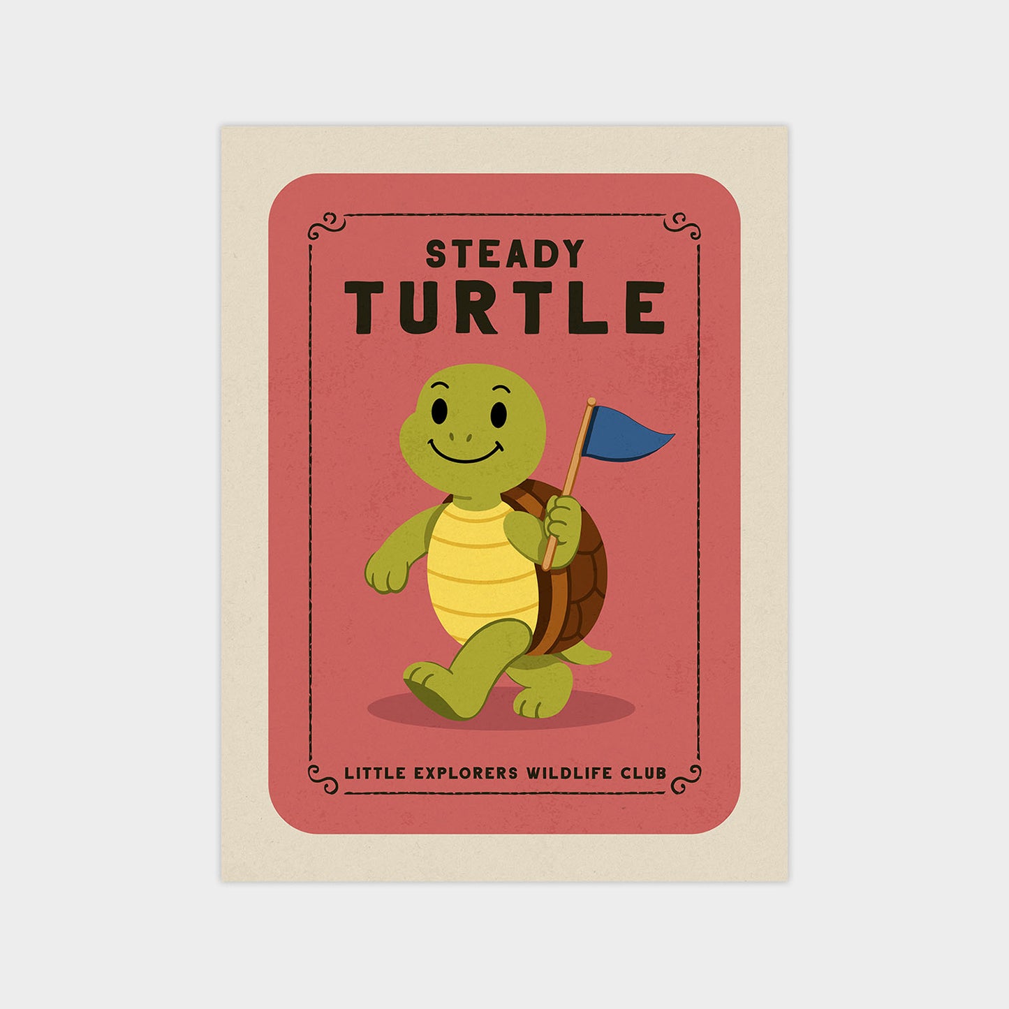 a cartoon turtle holding a flag, with the text "Steady Turtle" and "Little Explorers Wildlife Club" displayed on the image.