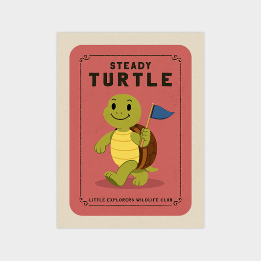 a cartoon turtle holding a flag, with the text "Steady Turtle" and "Little Explorers Wildlife Club" displayed on the image.