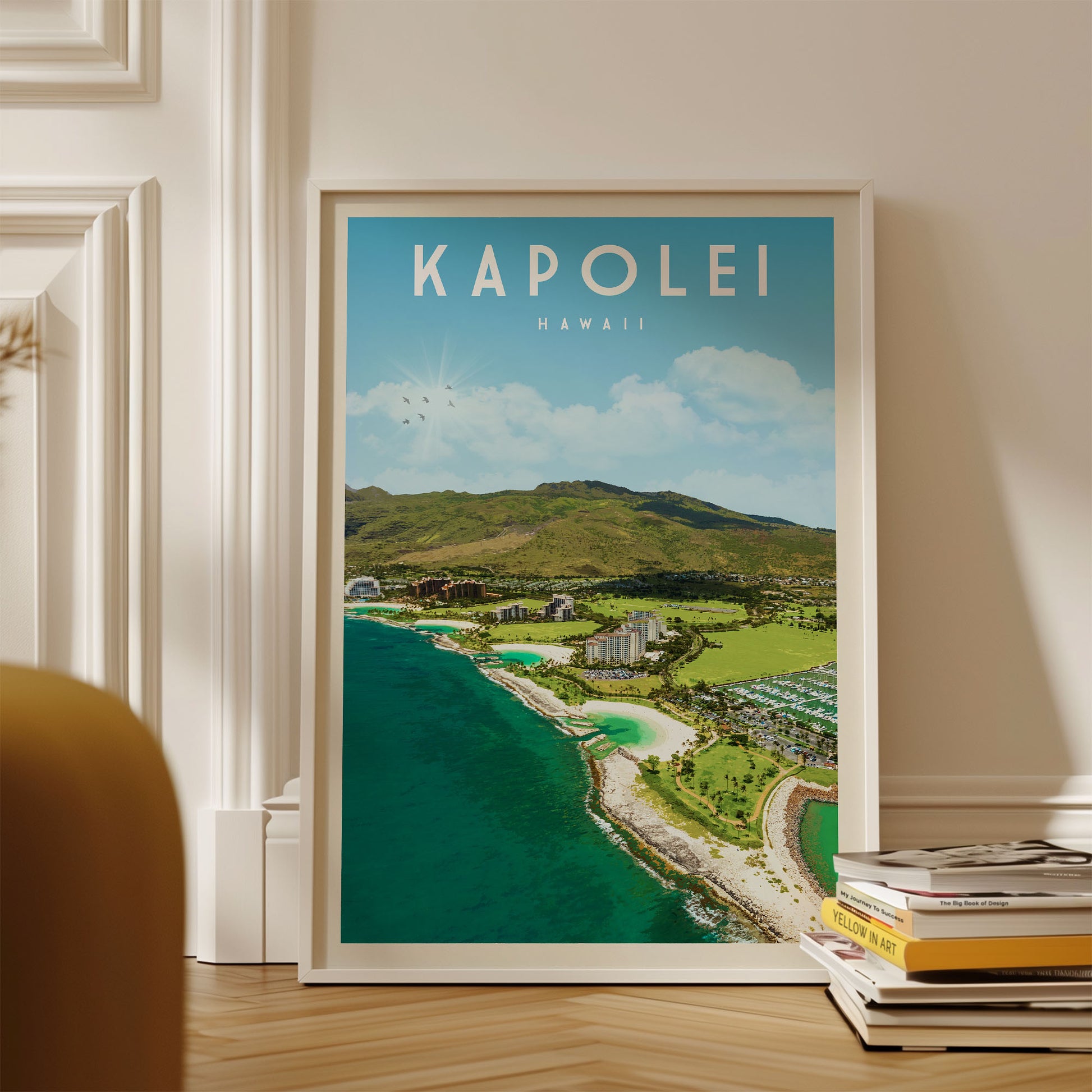 A framed poster of a scenic view of Kapolei, Hawaii, with a mountainous landscape and a body of water in the foreground.