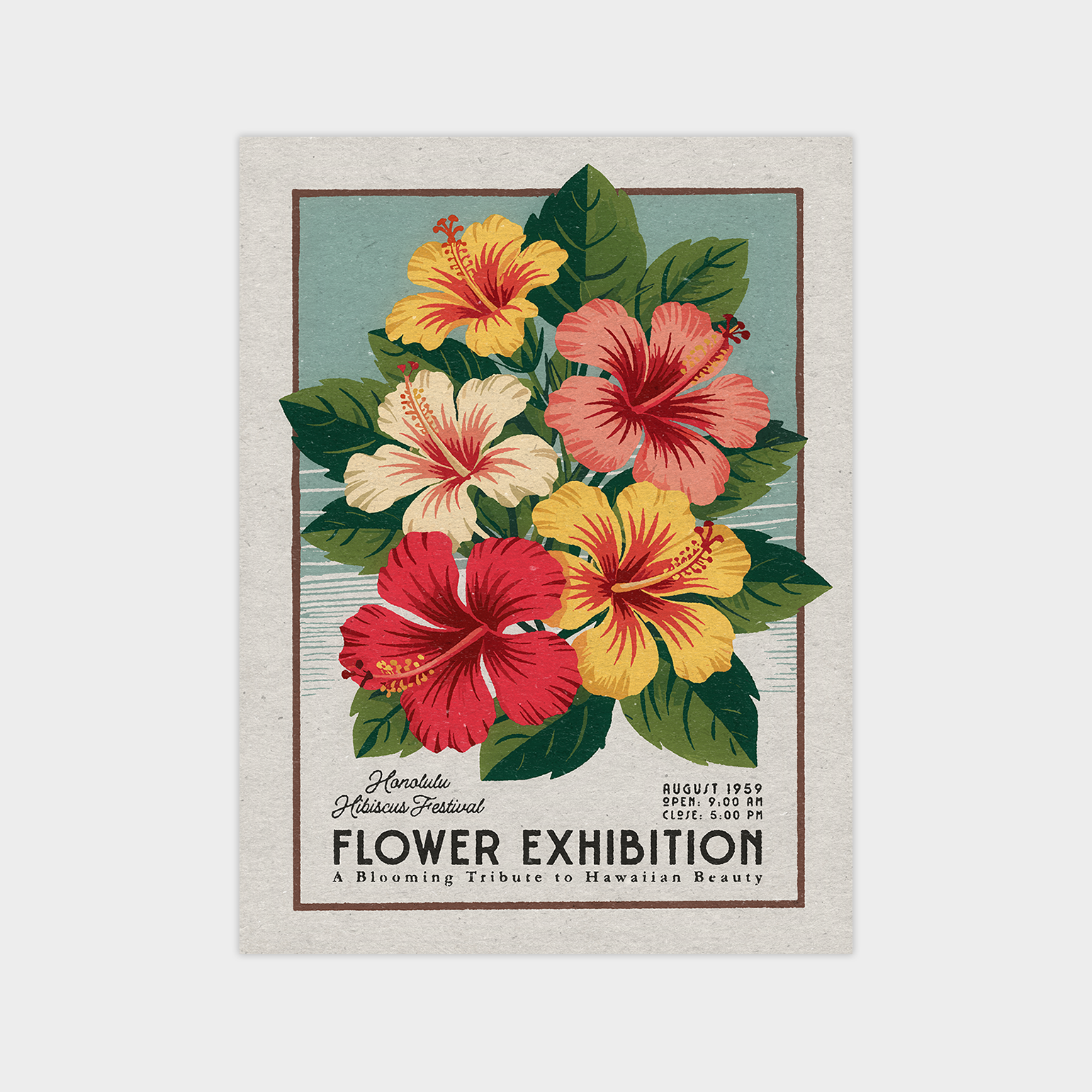 Hawaii Hibiscus Poster, Vintage Tropical Flower Wall Art Print