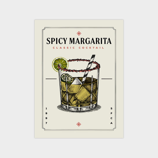 The image is a graphic design of a Spicy Margarita cocktail, featuring a glass with a lemon slice and a straw.