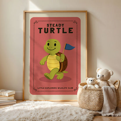 a framed poster of a cartoon turtle holding a flag, with the text "Steady Turtle" and "Little Explorers Wildlife Club" below it. Next to the poster, there is a woven basket containing two stuffed teddy bears.