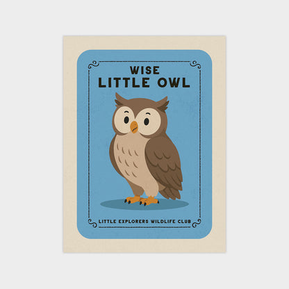 an illustration of an owl, with the text "WISE LITTLE OWL" and "LITTLE EXPLORERS WILDLIFE CLUB" displayed around the image.