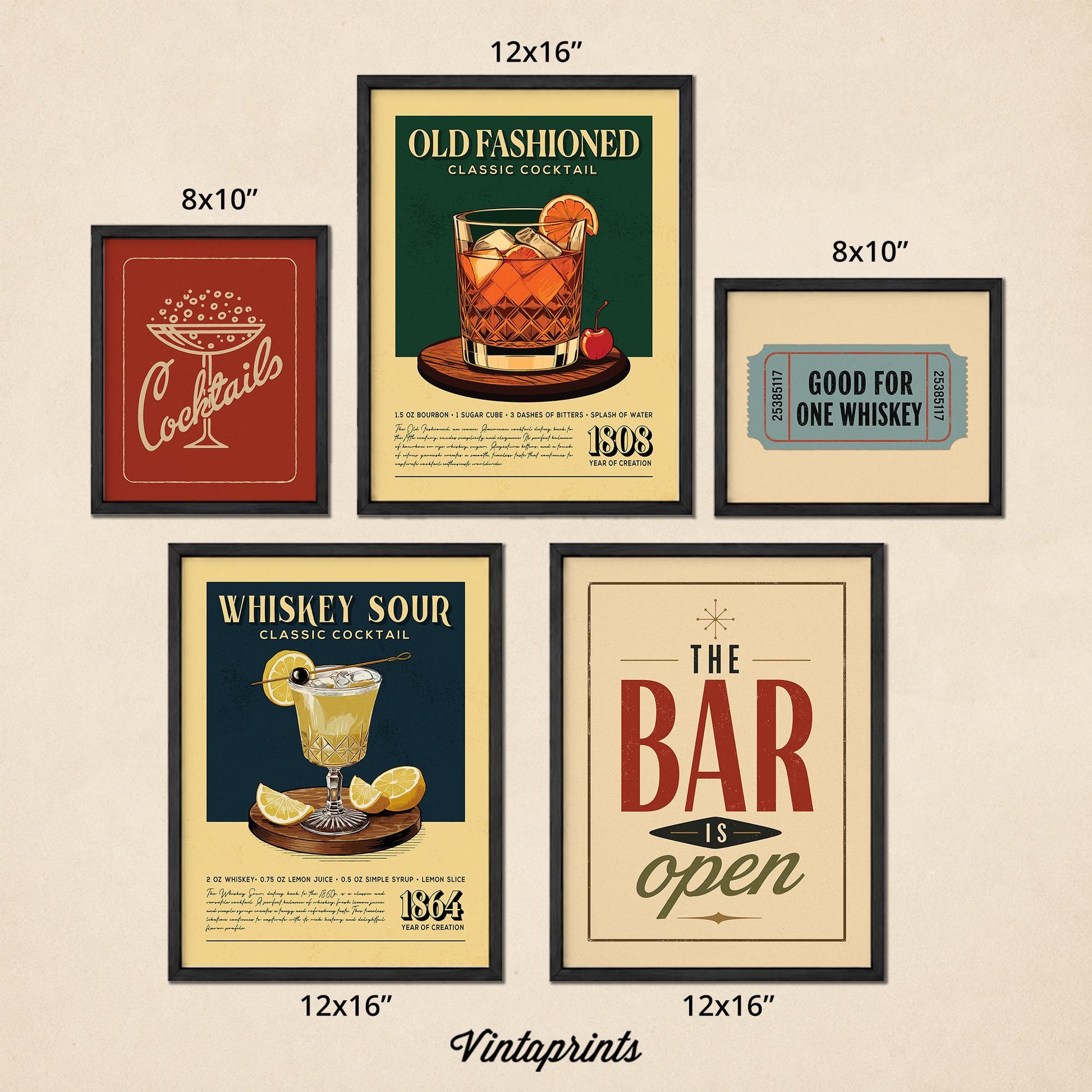 five framed vintage-style cocktail advertisements, each with a different design and text.