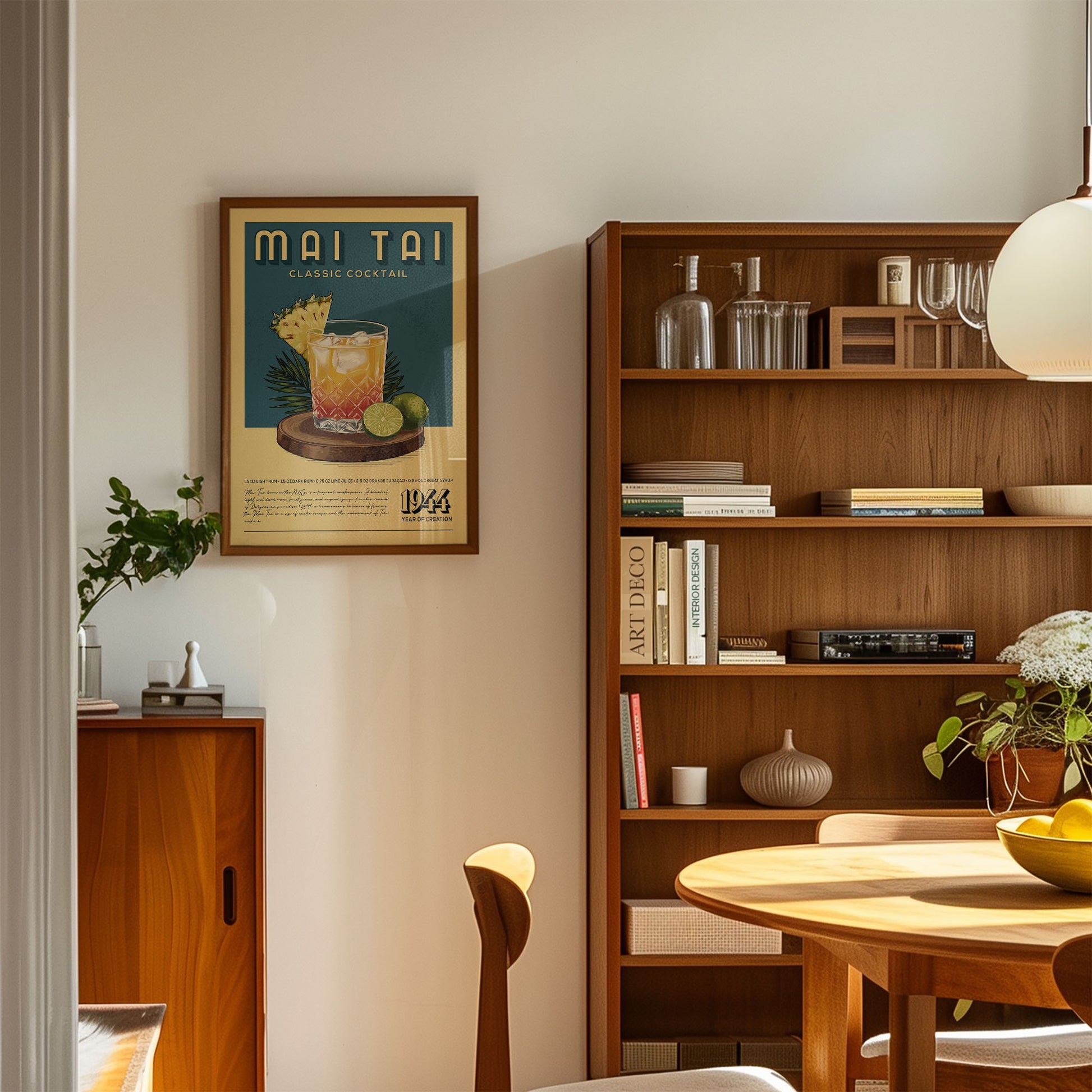 a cozy living room with a framed poster of a Mai Tai cocktail hanging on the wall, a wooden bookshelf filled with books and various knick-knacks, and a wooden dining table with chairs.