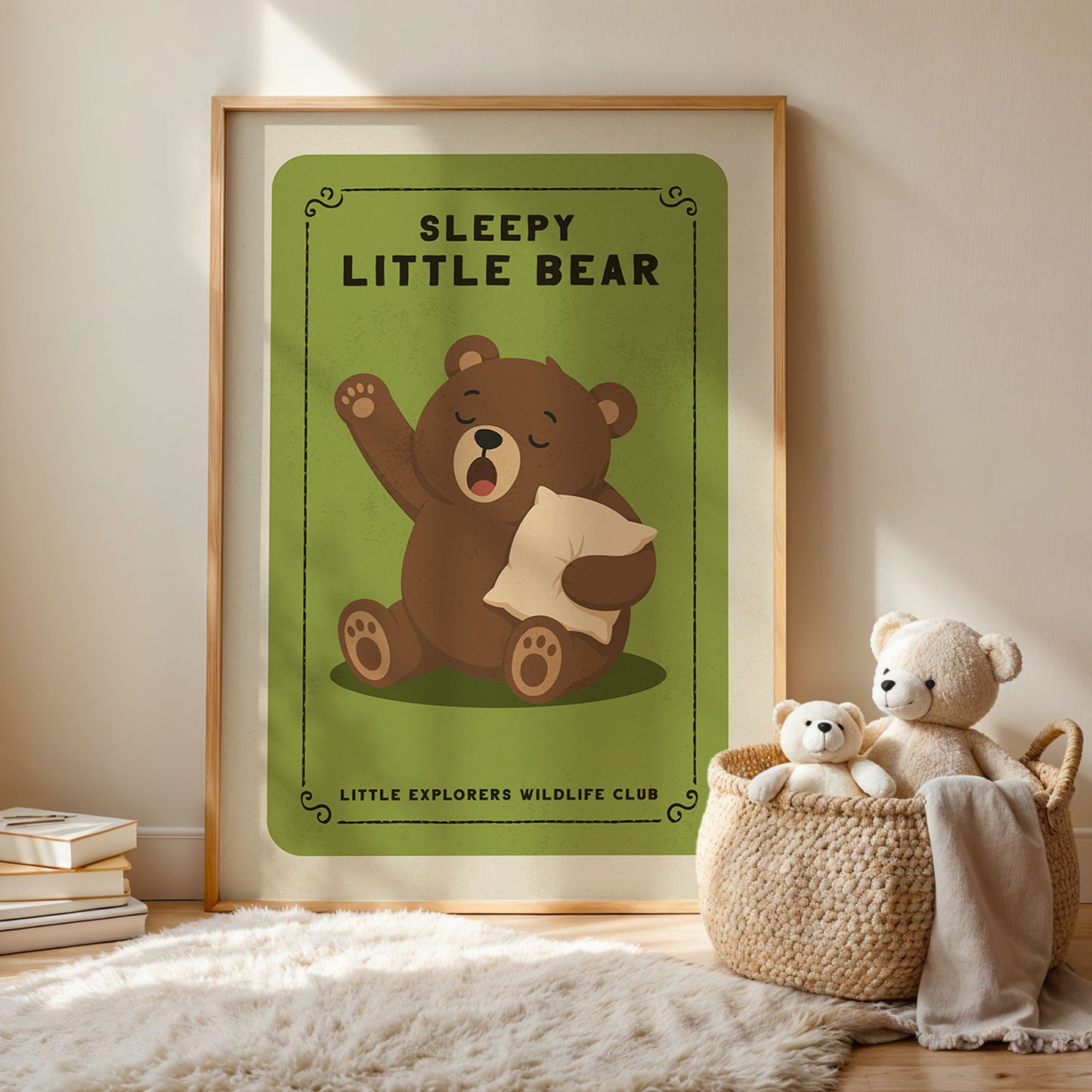 a framed poster of a sleeping bear, with a basket of stuffed bears next to it on a rug.