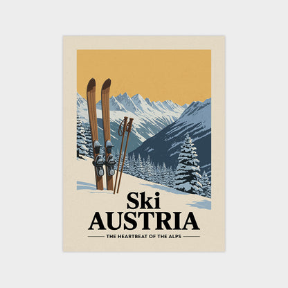 A vintage-style poster depicting a snowy mountain landscape with skiers and ski equipment, along with the text "Ski Austria" and "The heart of the Alps".