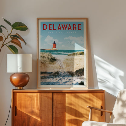 a framed poster of a lighthouse on a beach, with the word "Delaware" written on it. The poster is displayed on a wooden cabinet, and there is a lamp on top of the cabinet.