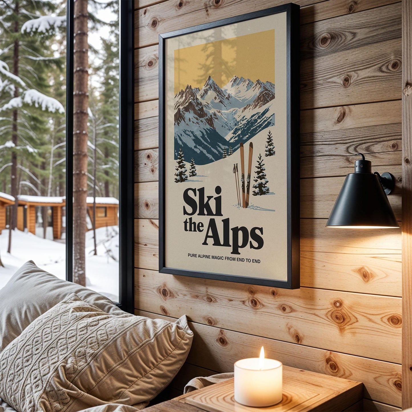 A framed poster of a snowy mountain landscape with the text "Ski the Alps" hangs on a wooden wall, with a cozy couch and a lit candle in the foreground.
