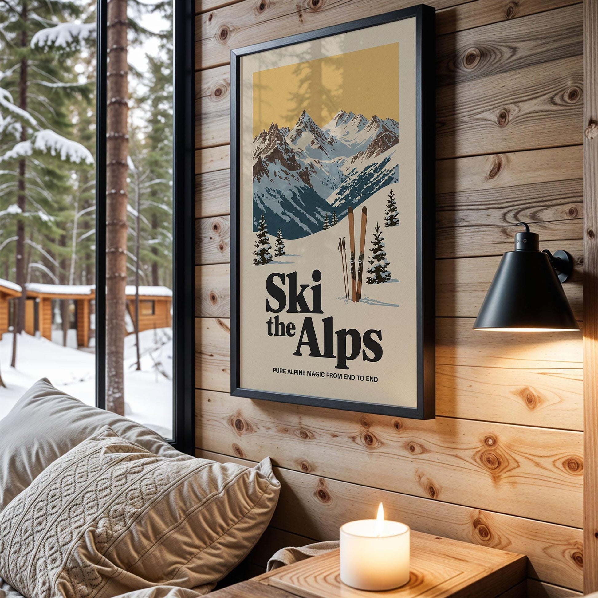 A framed poster of a snowy mountain landscape with the text "Ski the Alps" hangs on a wooden wall, with a cozy couch and a lit candle in the foreground.