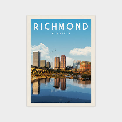 a cityscape with tall buildings and a bridge, reflecting in a body of water.