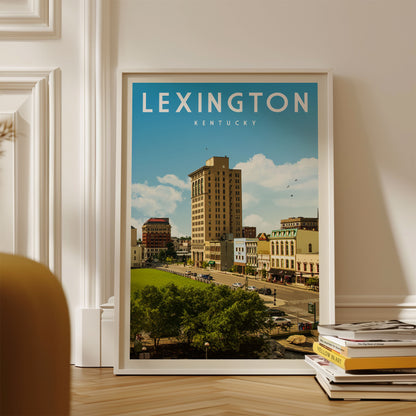 A framed poster of a cityscape in Lexington, Kentucky, with a tall building in the background and a grassy area in the foreground.
