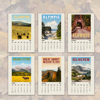 six calendar pages featuring different scenic landscapes, including Yellowstone, Olympic National Park, Redwood National Park, Grand Teton, Great Smoky Mountains National Park, and Glacier National Park.