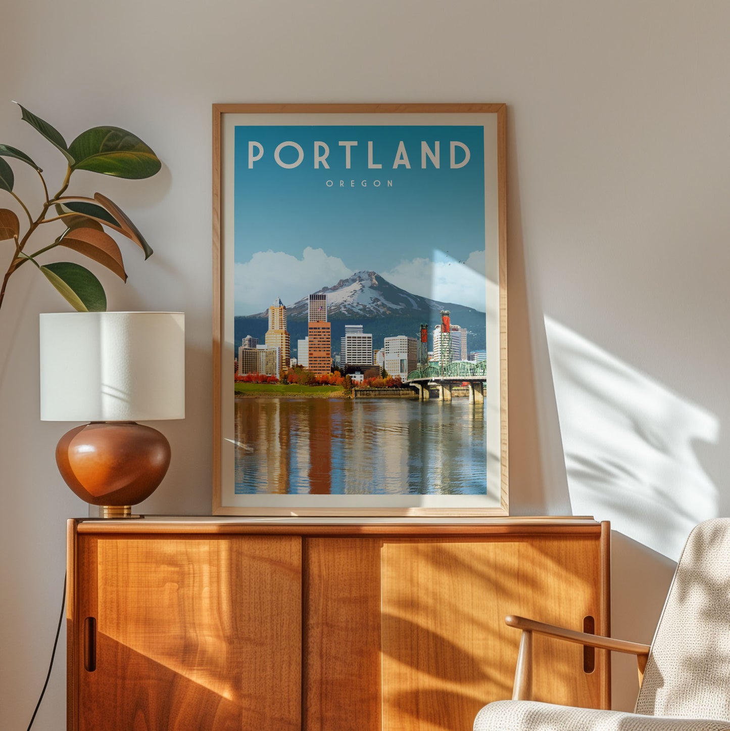 a framed poster of the Portland skyline, with a mountain in the background and a cityscape below. The poster is displayed on a wooden cabinet, with a lamp and a plant to the left of it.