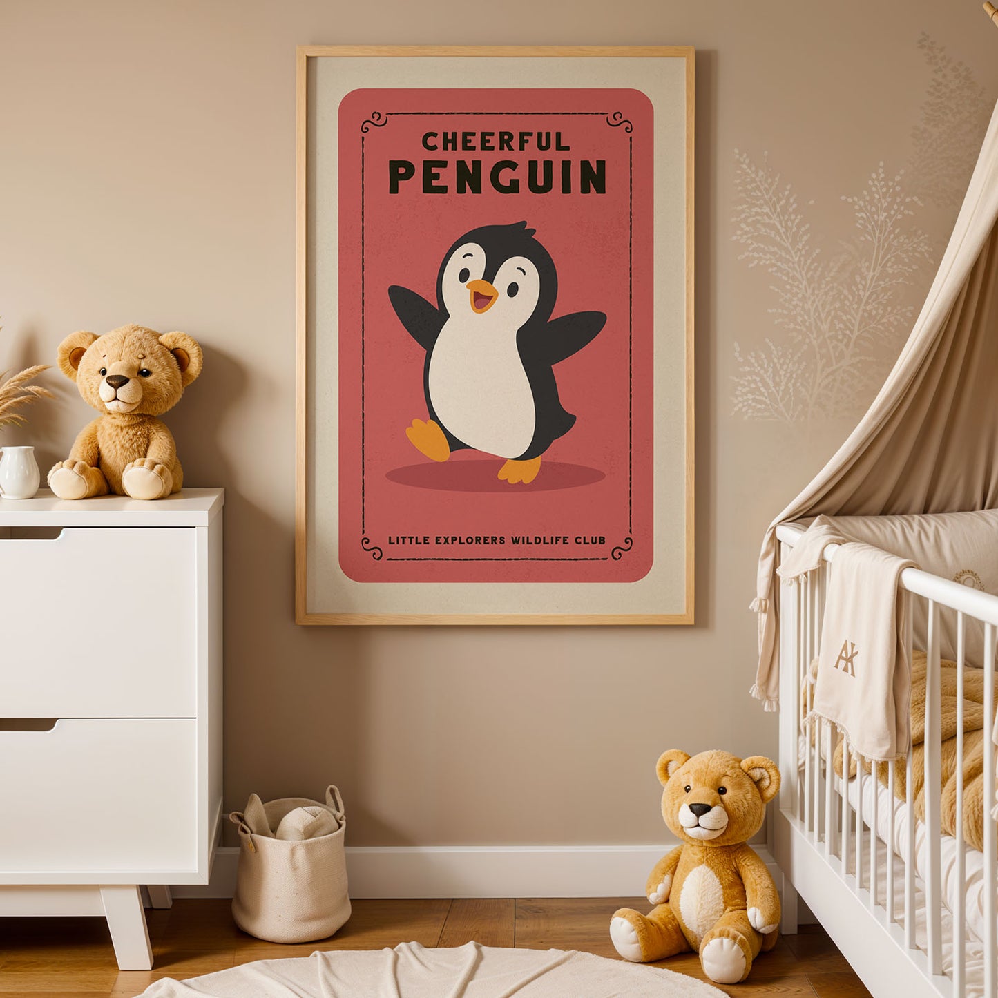 a nursery decorated with a framed poster of a cheerful penguin, a teddy bear, and a crib with a baby.