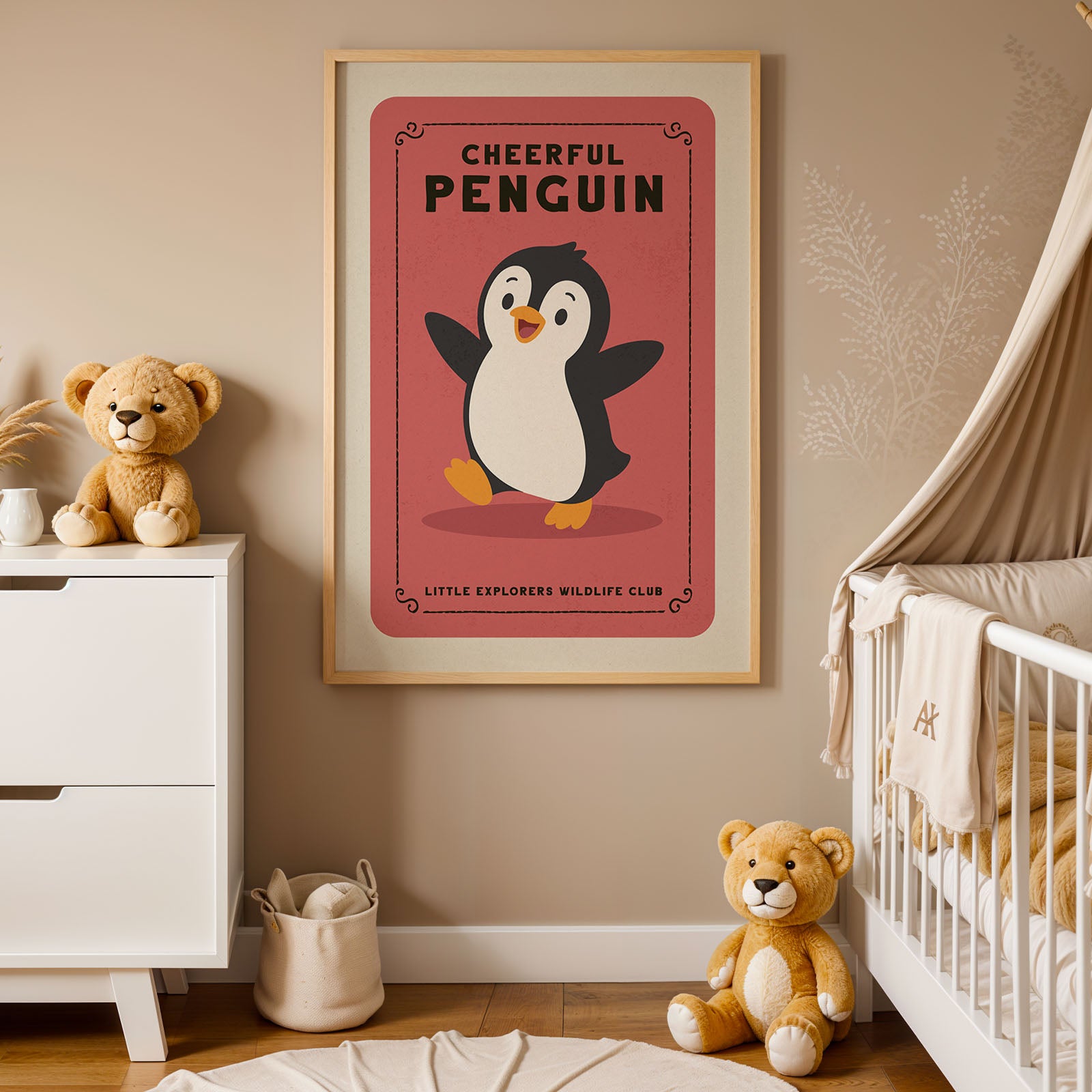 a nursery decorated with a framed poster of a cheerful penguin, a teddy bear, and a crib with a baby.