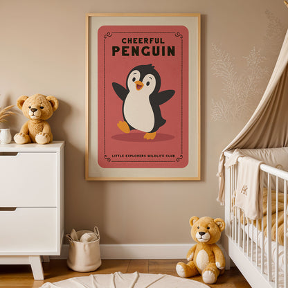 a nursery decorated with a framed poster of a cheerful penguin, a teddy bear, and a crib with a baby.