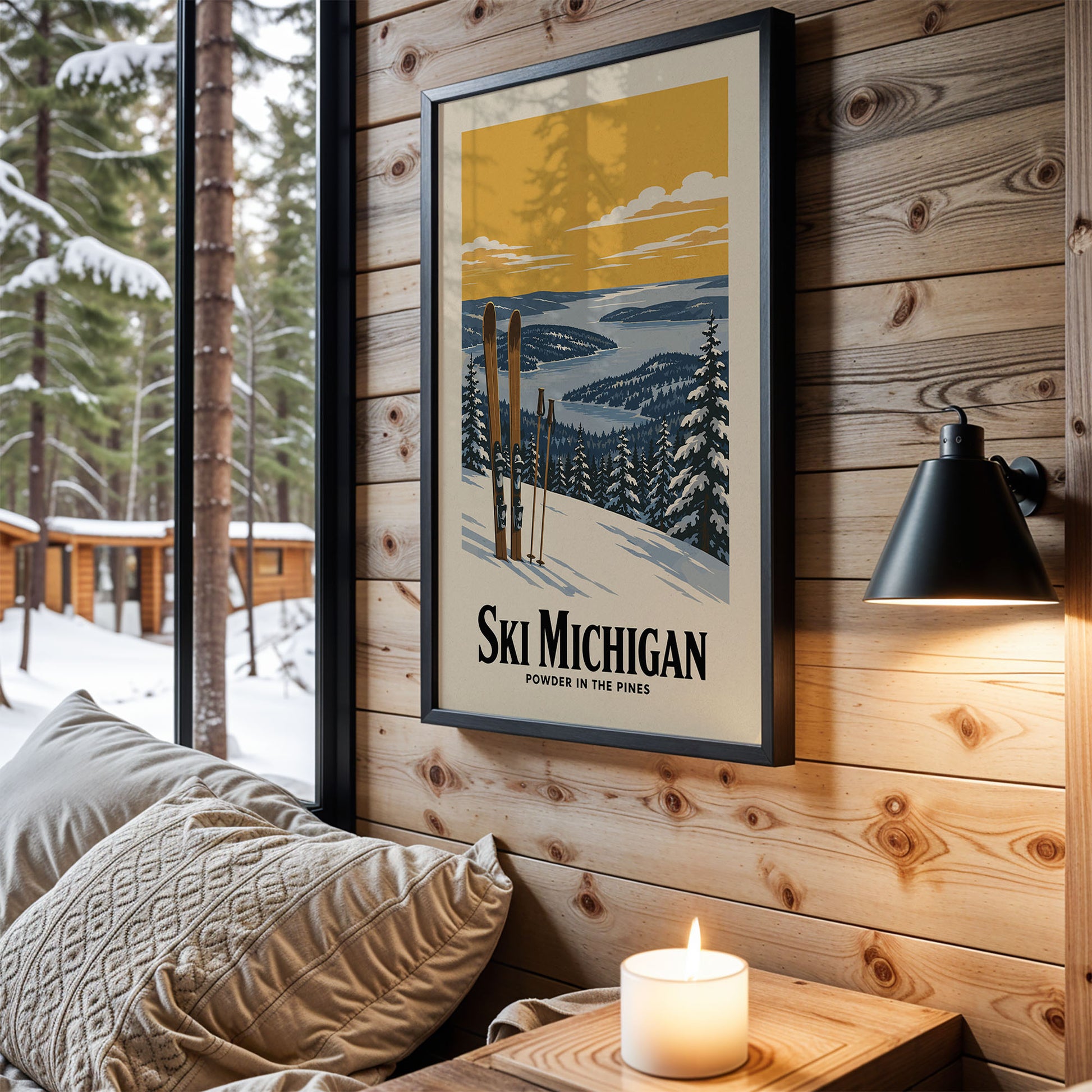 A framed poster of a snowy mountain landscape with skis hanging on a wooden wall, next to a lamp and a cozy couch in a cabin-like setting.