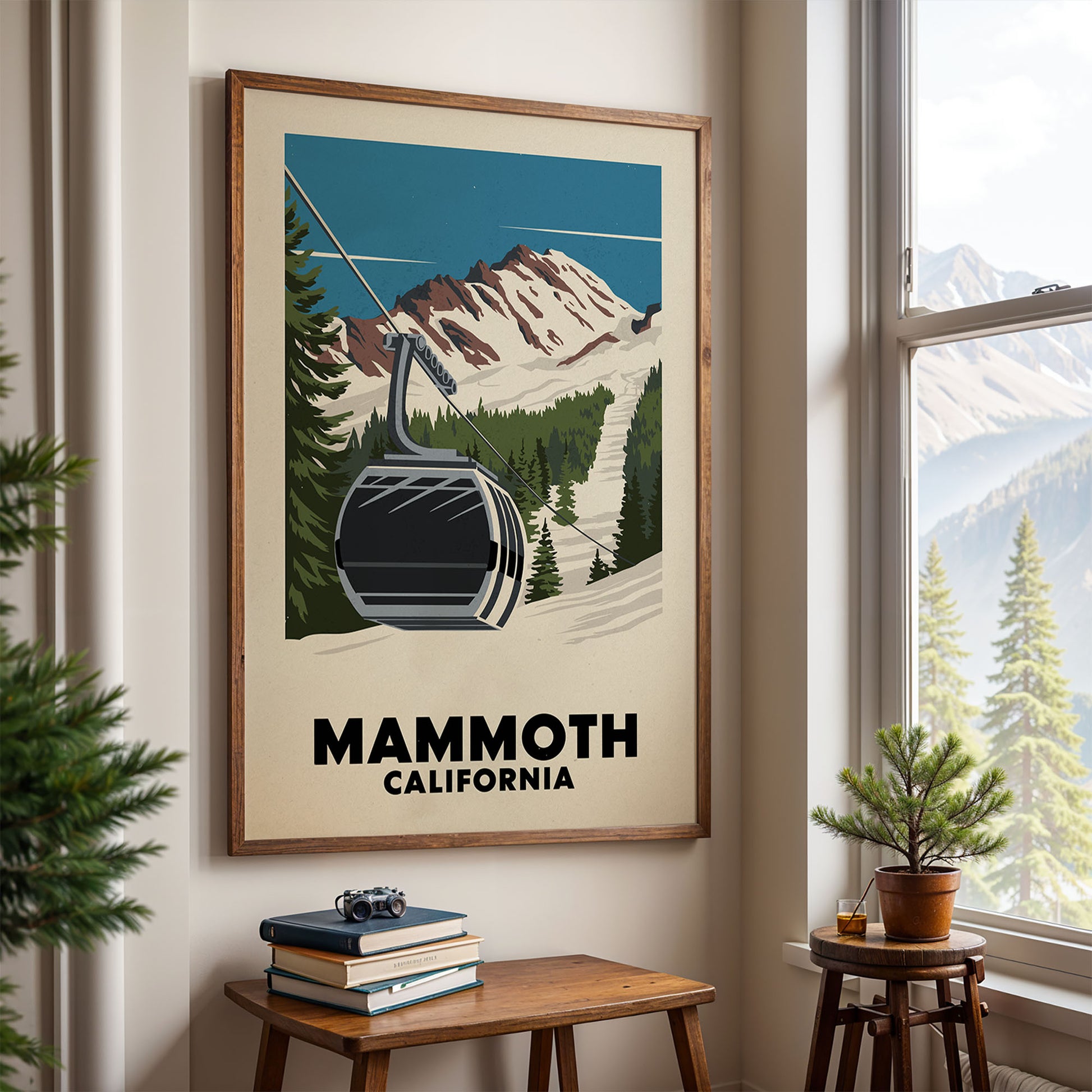 a framed poster of a ski lift in a mountainous landscape, with the text "MAMMOTH CALIFORNIA" below it.